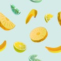 Fruit seamless pattern. Sliced banana pineapple and citrus