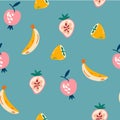 Fruit seamless pattern. Sweet, banana, lemon, strawberry and apple. Food background. For menus of restaurants, shops and printing