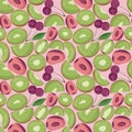 Fruit seamless pattern for textile products, cherry and kiwi pieces, bone and leaves in a flat style Royalty Free Stock Photo