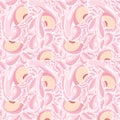 Fruit seamless pattern for textile products, peach pieces with juice splashes, peach smoothie in a flat style.