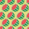 Fruit seamless pattern, watermelon halves with shadow on mint green background. Summer vibrant design. Exotic tropical fruit Royalty Free Stock Photo