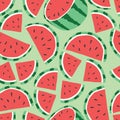 Fruit seamless pattern, watermelon on light green background. Summer vibrant design. Exotic tropical fruit. Colorful vector