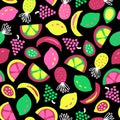 Fruit seamless vector pattern black green yellow pink. Repeating background cute exotic bright colorful . abstract pineapple,