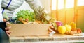 Fruit seller woman with different fruits and vegetables in shop - Worker preparing fruit ecological paper basket - Vegetarian and