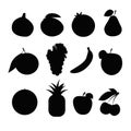 Fruit set silhouette. Grape fig mango apple pineapple pomegranate pear banana tangerine watermelon cherry