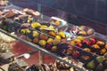 Fruit shaped marzipan confectioneries sweets. Italian confectionery shop display
