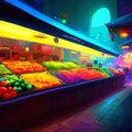 Fruit shop at night. Motion blur effect. Blurred background. AI Generated