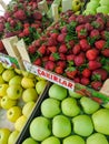 Fruit shop. Turkish strawberries and apples are sold in boxes. Close-up. Antalya, Turkey. Vertical