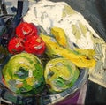 Fruit in silver bowl expressionism acrylic oil painting Royalty Free Stock Photo