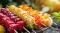 Fruit skewers with assorted colorful fruits on a plate. Royalty Free Stock Photo