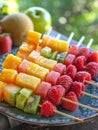 Fruit skewers with assorted fresh fruits on a plate. Royalty Free Stock Photo