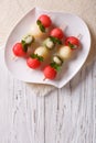 Fruit skewers of watermelon, kiwi and melon. vertical top view Royalty Free Stock Photo