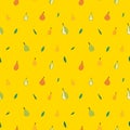 Fruit slice on yellow background. Pear and leaves summer seamless pattern. Cute drawing print for kids apparel, textile Royalty Free Stock Photo