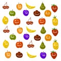 Fruit smiling characters colorful vector illustration background, apple, pear, orange, apricot, plum, pineapple, cherry, strawberr Royalty Free Stock Photo