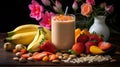 Fruit Smoothie with banana and strawberry in the glass, fresh strawberries and bananas. Horizontal banner. Ai generated Royalty Free Stock Photo