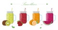 Fruit smoothie in a glass jar with a lid and a straw. Set of vector illustrations of drinks from fresh fruits and Royalty Free Stock Photo