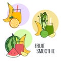 Fruit smoothie set. Banana, apple, celery, lemon and watermelon shake. Fresh drink menu, Juice for healthy life.