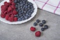 Fruit smoothies with blueberries, raspberries, apple, orange , pear and banana on gray background