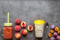 Fruit Smoothies. Peach and plum smoothie. Peach, plum and oatmeal. Delicious and healthy breakfast