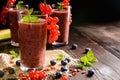 Fruit smoothies with red currants, blueberry, banana, goji berries and chia seeds Royalty Free Stock Photo