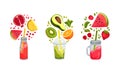 Fruit smoothies set. Watermelon, pomegranate, pineapple, avocado, kiwi, orange falling into glass bottle. Detox drink Royalty Free Stock Photo