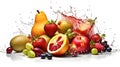 A fruit splash with water with isolated on white background, strawberry, apple, grape, pear, orange, berries Royalty Free Stock Photo