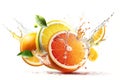 Fruit splashing of juice with orange with a splash of water on white background, Generative AI Royalty Free Stock Photo