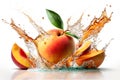 Fruit splashing of juice with peach with a splash of water on white background, Generative AI Royalty Free Stock Photo