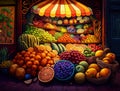 Fruit stand with many different fruits. Generative AI Royalty Free Stock Photo