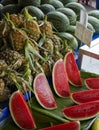 A Fruit Stand with Watermelon and Pineapples. Royalty Free Stock Photo