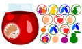 Fruit stickers set. Hedgehog face with bow tie, label. Icons of apple, pear, apricot, plum, mirabelle cherry. Jar with jam.