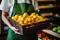 Fruit Store, Working in Grocery Store, Supermarket Worker Supplying Fruits, Generative AI Illustration