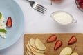 Fruit strawberry, strawberry banana, breakfast pancakes, healthy breakfast, strawberries blueberries, wild strawberries, Royalty Free Stock Photo