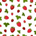 Fruit strawberry bright summer seamless pattern featuring ripe strawberries and green leaves. Vector illustration on