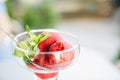 Fruit strawberry sorbet with mint in a bowl