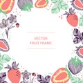 Fruit strawberry text circle round frame hand drawn flat template. Vector design with botanical illustration of red Royalty Free Stock Photo