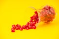 Pomegranate seeds are scattered on a yellow background