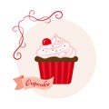 Colored cupcake with cherry on light red background and ribbon with inscription. Vector illustration