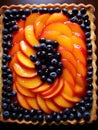 a fruit tart with blueberries and peaches