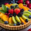 Fruit tart with kiwi, strawberries, blueberries, blackberries and raspberries.