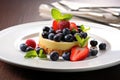 fruit tart with shiny fresh berries on a white plate