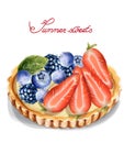 Fruit tartlet Invitation isolated Vector watercolor. Strawberry and blueberry sweet cupcakes