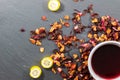 Fruit tea in front of a dark background