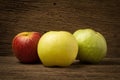 fruit traffic light concept. apple red. chinese pear yellow. guava green. on old wood Royalty Free Stock Photo