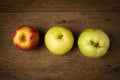 fruit traffic light concept. apple red. chinese pear yellow. guava green. on old wood Royalty Free Stock Photo