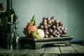 Fruit tray and a glass with of vintage. Royalty Free Stock Photo