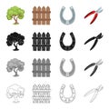 Fruit tree, wooden fence, horseshoe, farm tool secateurs. Farm and vegetable garden set collection icons in cartoon Royalty Free Stock Photo