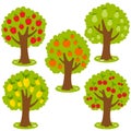 Set of fruit orchard trees. Apple, pear, orange, lemon and cherry tree in the garden. Vector Illustration