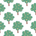 Fruit trees seamless pattern on white background. Doodle apple tree landscape.