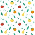 Fruit vector seamless pattern. Pears and apples. Green leaves. Flat fruits on a white background